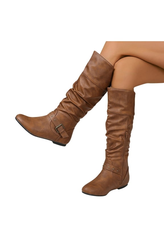 Luxalzxs Knee High Boots Women Fashion Retro Long Boots Belt Buckle Side Zipper Round Toe Boots
