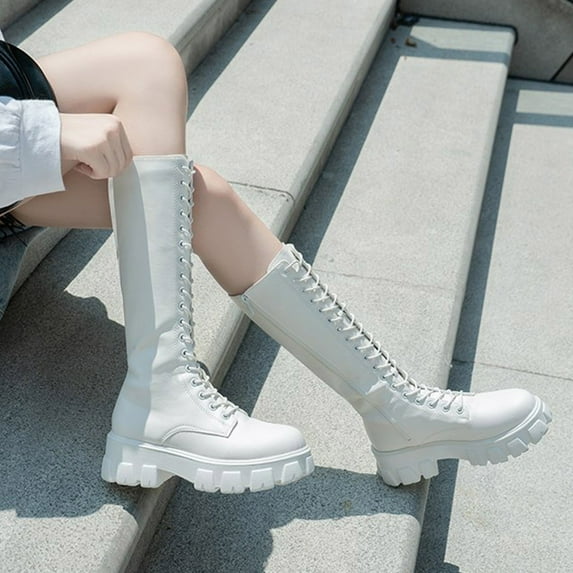 Luxalzxs Knee High Boots Women Lace-Up Thick-Soled Thick-Heeled High Barrel Knight Boots