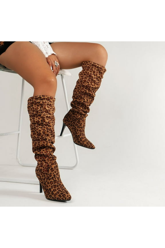 Luxalzxs Knee High Boots for Women Pointed Toe Suede Boots High Heel Pull On Sexy Fashion Leopard Print Dress Long Slouchy Boot