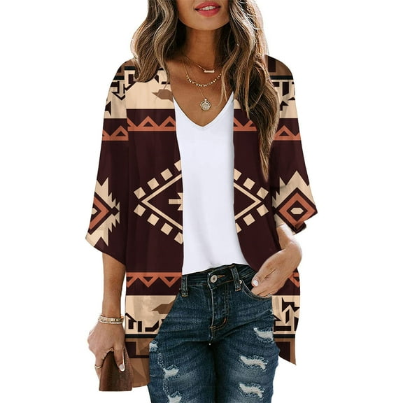 Luxalzxs Light Weight Cardigan Women Casual Summer Open Front Cover Up 3/4 Sleeve Sequin Print Kimono Cardigans Blouse Tops