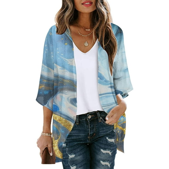 Luxalzxs Light Weight Cardigan Women Casual Summer Open Front Cover Up 3/4 Sleeve Sequin Print Kimono Cardigans Blouse Tops