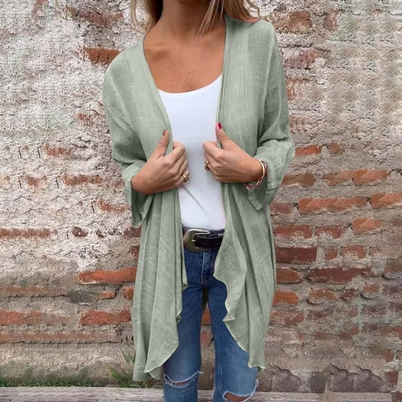 Luxalzxs Lightweight Summer Cardigan Women Long Kimono Cardigans Solid Color Casual Long Sleeve Linen Cardigan Spring Summer Thin Breathable Sun Protection Cardigan Dusters Beach Cover Ups