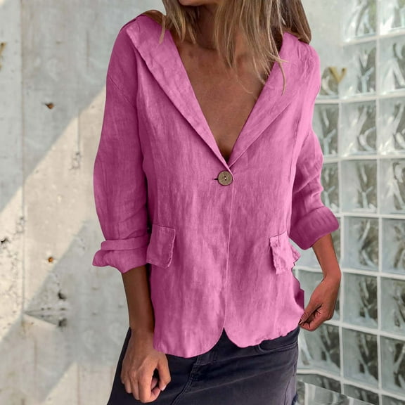 Luxalzxs Linen Blazer Women Lightweight Casual One Button Long Sleeve Lapel Suit Blazers Solid Color Loose Summer Blazer Work Office Dressy Blazer
