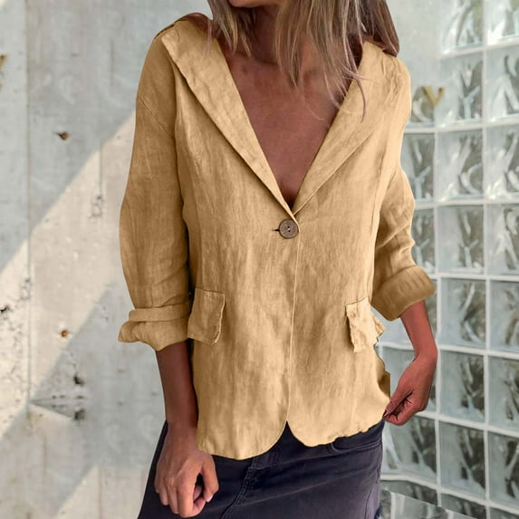 Luxalzxs Linen Blazer Women Lightweight Casual One Button Long Sleeve Lapel Suit Blazers Solid Color Loose Summer Blazer Work Office Dressy Blazer