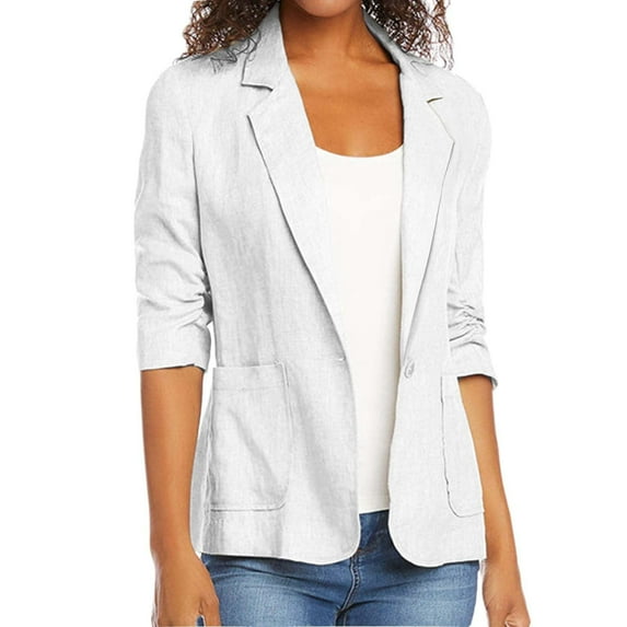 Luxalzxs Linen Blazer Women Summer Lightweight Ruched 3/4 Sleeve Single Button Business Work Office Suit Jackets Dressy Casual Work Blazers Cardigan
