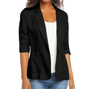 LUXALZXS Linen Blazer Women Summer Lightweight Ruched 3/4 Sleeve Single Button Business Work Office Suit Jackets Dressy Casual Work Blazers Cardigan