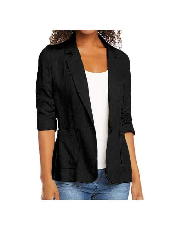 Luxalzxs Linen Blazer Women Summer Lightweight Ruched 3/4 Sleeve Single Button Business Work Office Suit Jackets Dressy Casual Work Blazers Cardigan