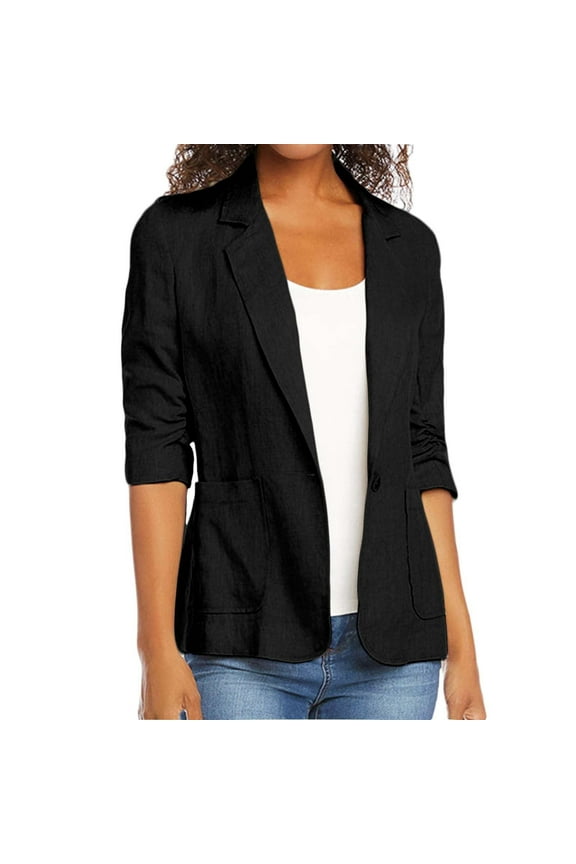 Luxalzxs Linen Blazer Women Summer Lightweight Ruched 3/4 Sleeve Single Button Business Work Office Suit Jackets Dressy Casual Work Blazers Cardigan