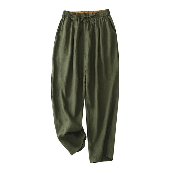 Luxalzxs Linen Pants Women Solid Color Elastic High Waisted Cropped Pants Summer Casual Loose Fit Wide Leg Pants with Pockets