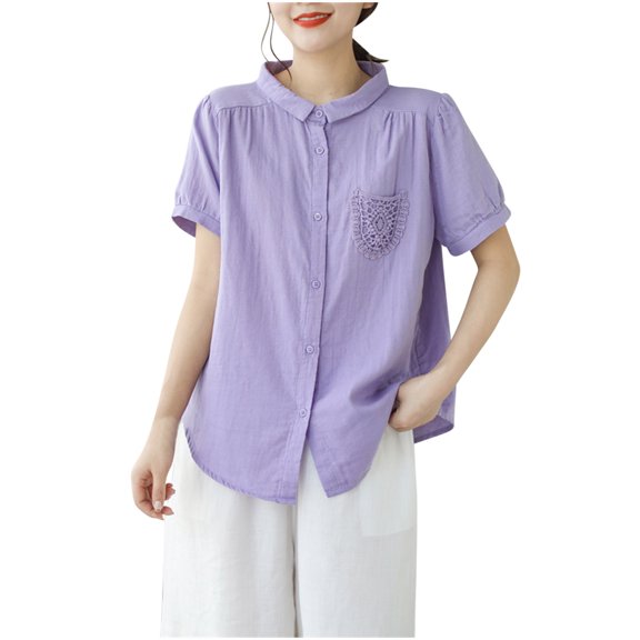Luxalzxs Linen Shirts for Women Button Down Solid Color Short Sleeve Lapel Collar Summer Casual Blouses Loose Pleated Pocket Tops