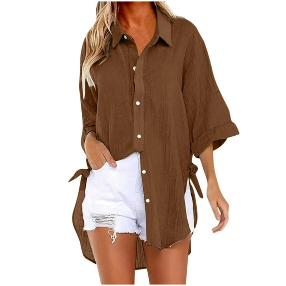 Luxalzxs Linen Shirts for Women Summer 3/4 Sleeve Solid Color Loose Casual Button Down Shirts Tunic Tops Blouse