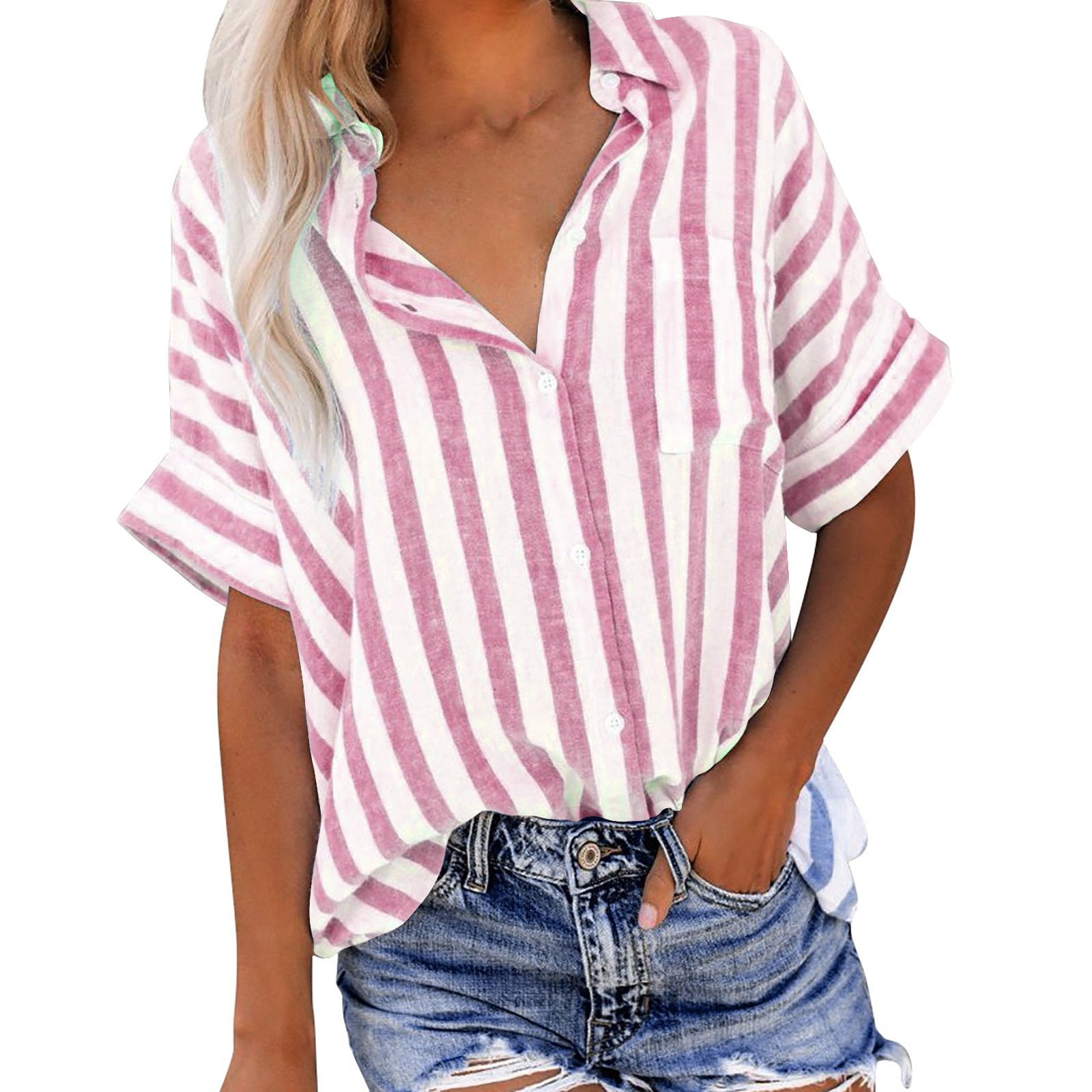 Luxalzxs Linen Shirts for Women Summer Plus Size Short Sleeve Stripes