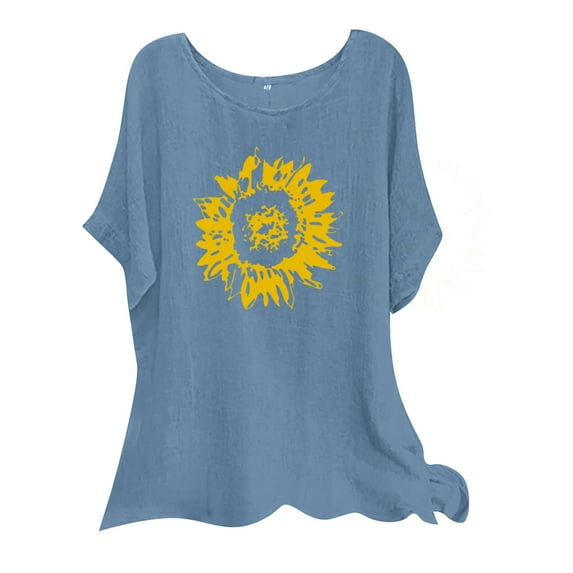 Luxalzxs Linen Tops for Women Casual Sunflower Print Round Neck Short Sleeve Tunic Comfy Soft Loose Blouse Summer Tops