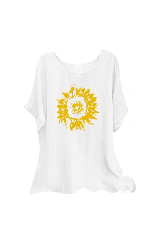 Luxalzxs Linen Tops for Women Casual Sunflower Print Round Neck Short Sleeve Tunic Comfy Soft Loose Blouse Summer Tops