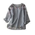 thumbnail image 1 of Luxalzxs Linen Tops for Women Vintage Floral Embroidered Bohemian Shirts 3/4 Length Sleeve Round Neck Mexican Tops, 1 of 3