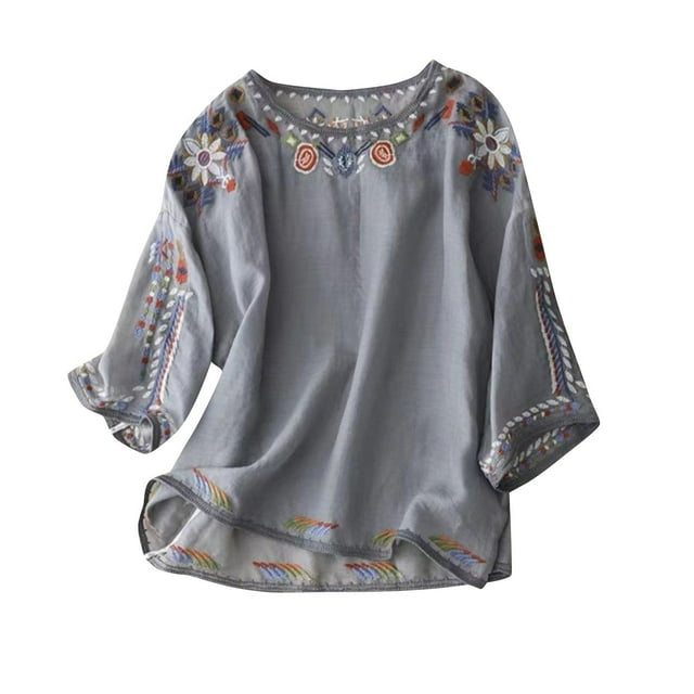 Luxalzxs Linen Tops for Women Vintage Floral Embroidered Bohemian Shirts 3/4 Length Sleeve Round Neck Mexican Tops