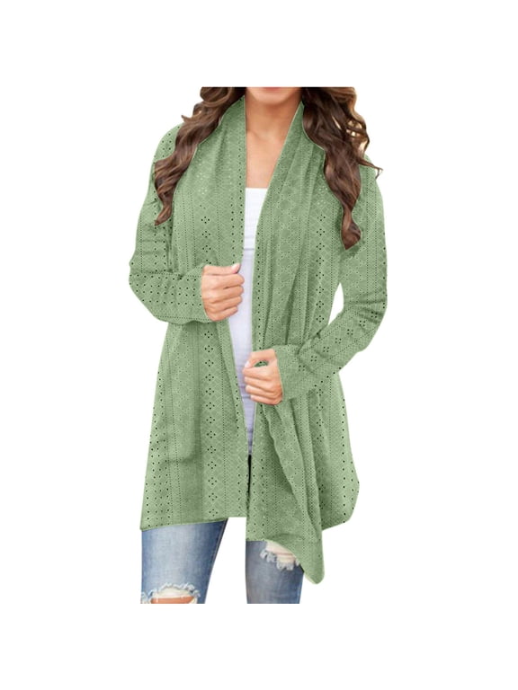 Luxalzxs Long Cardigan Dusters for Women Casual Lightweight Long Sleeve Cardigan Soft Drape Open Front Eyelet Cardigans Fall Dusters