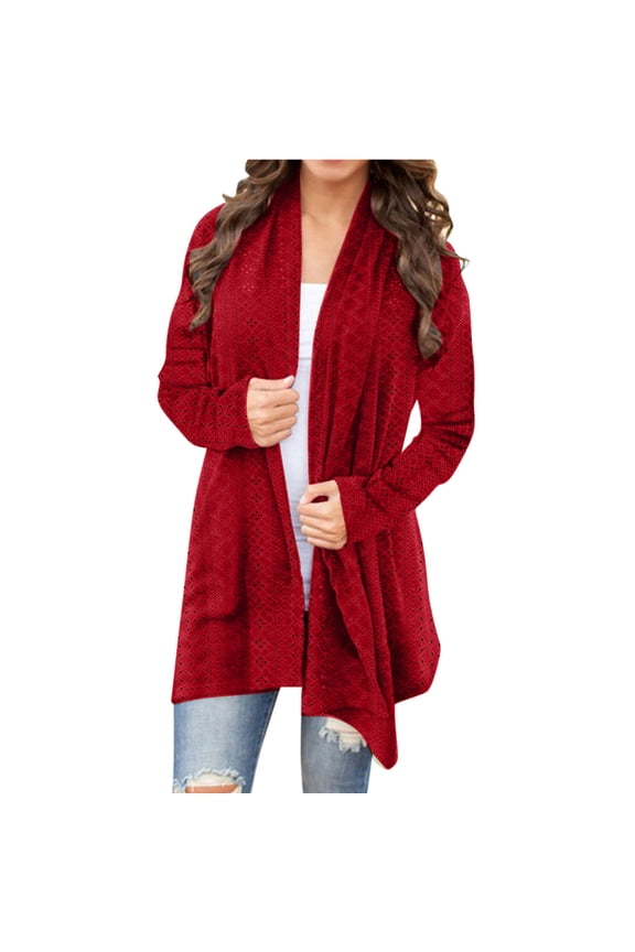 Luxalzxs Long Cardigan Dusters for Women Casual Lightweight Long Sleeve Cardigan Soft Drape Open Front Eyelet Cardigans Fall Dusters