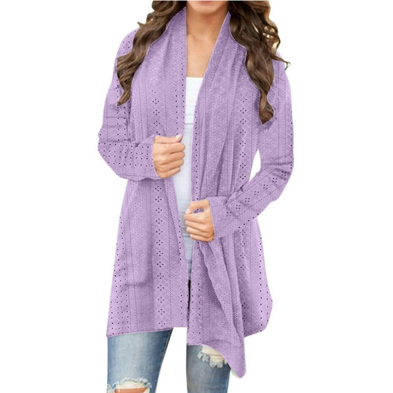 Luxalzxs Long Cardigan Dusters for Women Casual Lightweight Long Sleeve Cardigan Soft Drape Open Front Eyelet Cardigans Fall Dusters