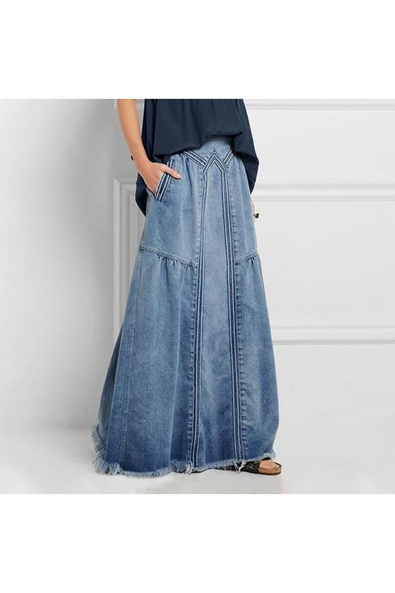 Luxalzxs Long Denim Skirt for Women Classic Y2K Retro Casual Elastic Waist Frayed Hem A-Line Distressed Hippie Maxi Jean Skirt with Pockets