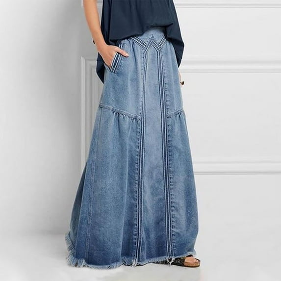 Luxalzxs Long Denim Skirt for Women Classic Y2K Retro Casual Elastic Waist Frayed Hem A-Line Distressed Hippie Maxi Jean Skirt with Pockets