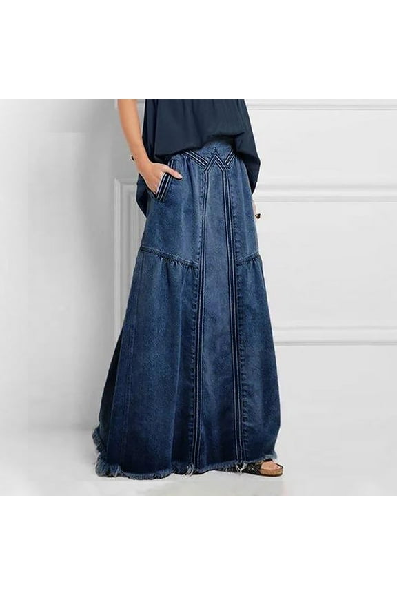 Luxalzxs Long Denim Skirt for Women Classic Y2K Retro Casual Elastic Waist Frayed Hem A-Line Distressed Hippie Maxi Jean Skirt with Pockets