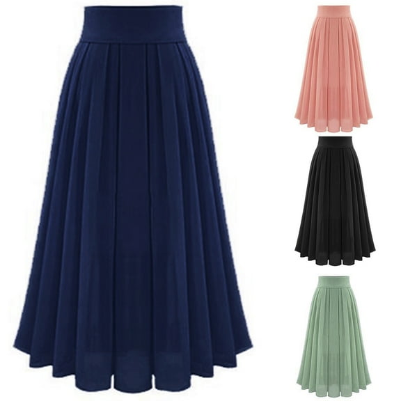 Luxalzxs Long Pleated Skirts for Women Boho A-Line Flowy Swing Chiffon Dress Elastic High Waist Ruffle Maxi Skirt Dressy Casual Formal Party Dance Skirt