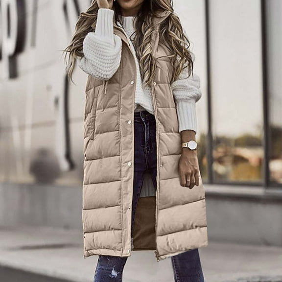 Luxalzxs Long Puffer Vest Women Single-Breasted Zipper Hooded Padded Vest Winter Coat Solid Color Mid-Length Sleeveless Warm Jacket Tops with Pockets