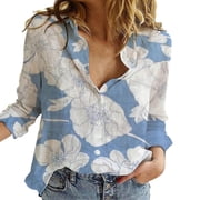Luxalzxs Long Sleeve Linen Shirts for Women Fashion Casual Floral Print Button Down Blouses Summer Plus Size Cotton Linen Tees Shirts