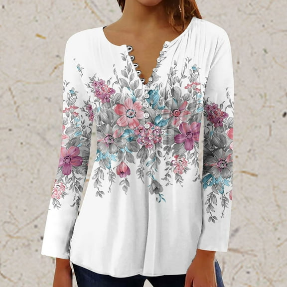 Luxalzxs Long Sleeve Shirts for Women Casual Loose Fit Button Henley Neck Tshirt Trendy Floral Print Tee Dressy Tunic Top Ladies Blouse
