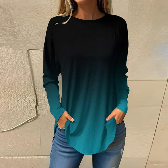 Luxalzxs Long Sleeve Tunic Tops for Women Loose Fit Dreesy Fall Gradient Crewneck Shirts Trendy Blouses
