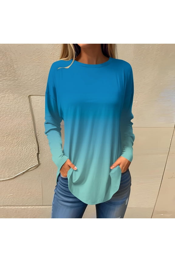 Luxalzxs Long Sleeve Tunic Tops for Women Loose Fit Dreesy Fall Gradient Crewneck Shirts Trendy Blouses