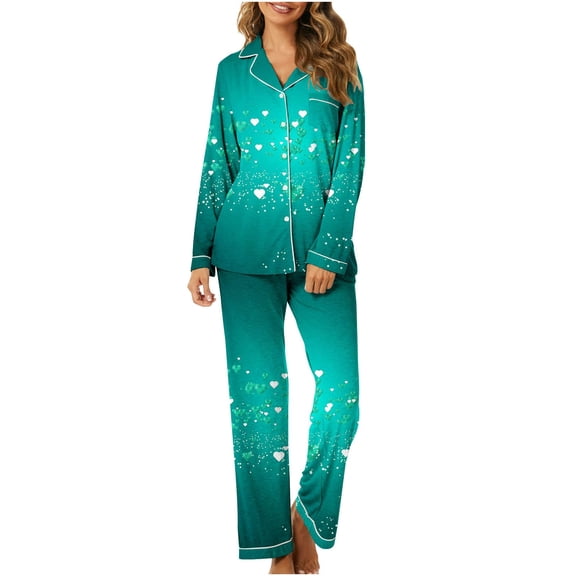 Luxalzxs Matching Pajamas for Couples Valentine's Day Love Heart Print Button Down Long Sleeve Sleepwear Pajama Set Loungewear