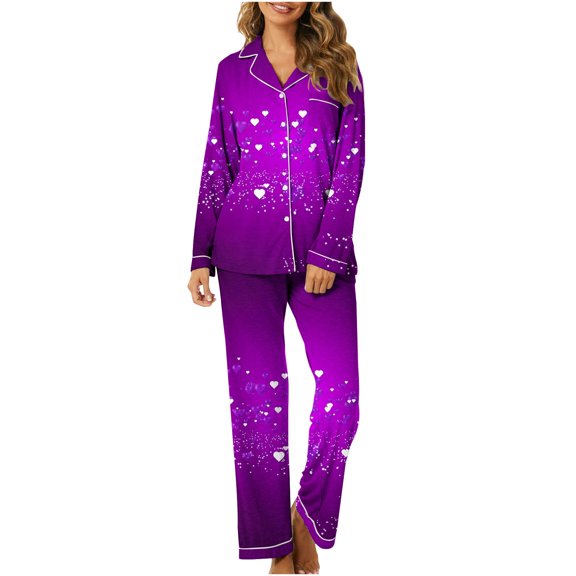 Luxalzxs Matching Pajamas for Couples Valentine's Day Love Heart Print Button Down Long Sleeve Sleepwear Pajama Set Loungewear