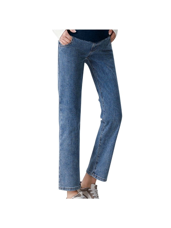 Luxalzxs Maternity Jeans for Women Casual Straight Leg Over Belly Adjustable Comfy Stretch Pregancy Denim Jeans with Pockets