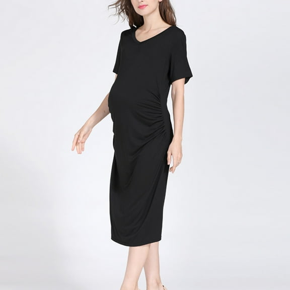 Luxalzxs Maternity Nightgown Short Sleeve V Neck Side Ruched Sleep Dress Solid Color Casual Comfy Soft Pregnancy Dresses Loungewear