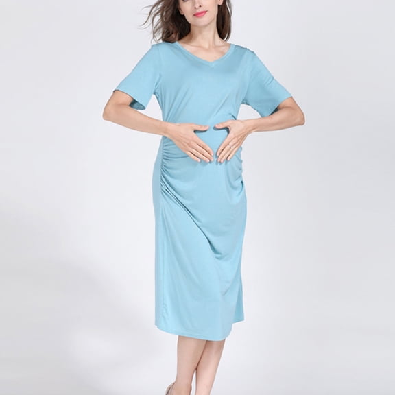 Luxalzxs Maternity Nightgown Short Sleeve V Neck Side Ruched Sleep Dress Solid Color Casual Comfy Soft Pregnancy Dresses Loungewear