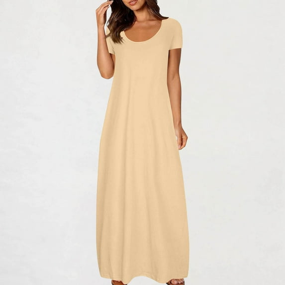Luxalzxs Maxi Dresses for Women Short Sleeve Crew Neck Solid Color Summer Dresses Casual Fashion Smocked Loose Fit Womens Dresses