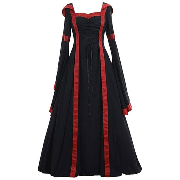 Luxalzxs Medieval Dress for Women Elegant Vintage Renaissance Dress Flared Sleeve Floor Length Maxi Dress Gothic Cosplay Prom Dress with Hood