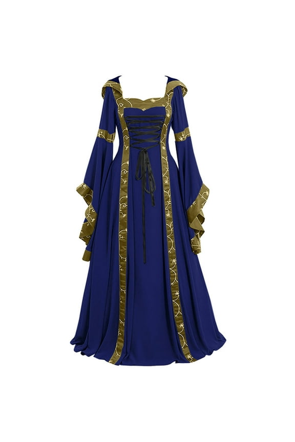 Luxalzxs Medieval Dress for Women Elegant Vintage Renaissance Dress Flared Sleeve Floor Length Maxi Dress Gothic Cosplay Prom Dress with Hood