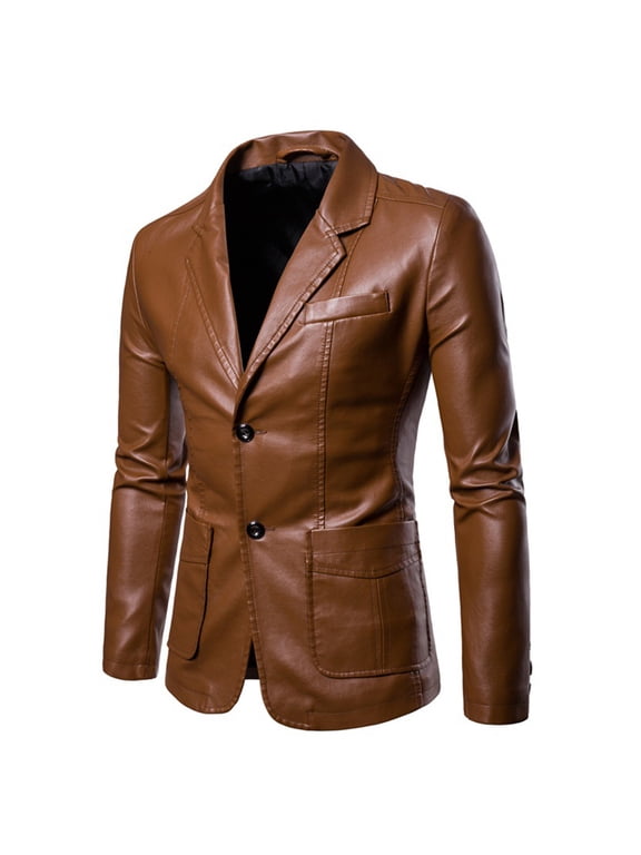Luxalzxs Men's 2 Button Leather Blazer Casual Notched Collar Suit Jacket Slim Formal Faux Leather Blazer Jacket