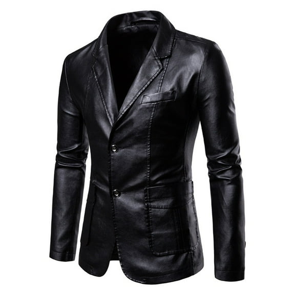 Luxalzxs Men's 2 Button Leather Blazer Casual Notched Collar Suit Jacket Slim Formal Faux Leather Blazer Jacket