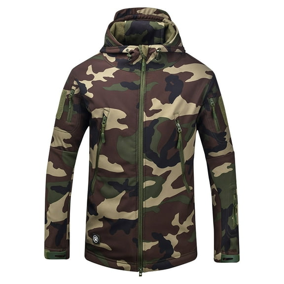 Luxalzxs Men's Winter Camouflage Jacket with Zipper Pockets Outdoor Hiking Travel Waterproof Hooded Rain Jacket Warm Fleece Windproof Mountain Raincoat Outwear