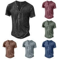 Luxalzxs Mens Distressed Henley Shirts Retro Short Sleeve Tee Shirts Casual Button Down Washed T-Shirts for Men Vintage V Neck Cotton Solid Color Tee Shirts Fashion Outfits