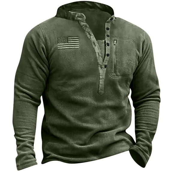 Luxalzxs Mens Henley Collar Long Sleeve V-Neck Tactical Fleece Button American Flag Fashion Patriotic Pullover Sweatshirt