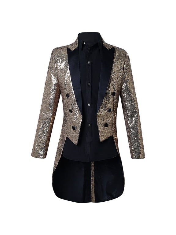 Luxalzxs Mens Sequin Tuxedo Jacket Sparkly Tails Slim Fit Tailcoat Dress Coat Swallowtail Dinner Party Show Wedding Blazer Suit Jacket