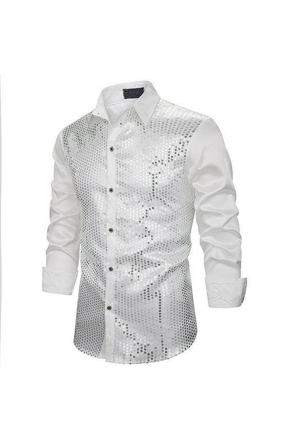 Luxalzxs Mens Sequins Button Down Shirt Solid Color Long Sleeve Satin Silk Vintage Dress Shirt Shiny Shirts 70s 90s Disco Party Hip Hop Blouse
