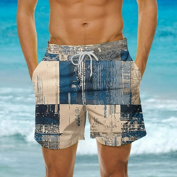 Luxalzxs Mens Shorts Summer Casual Beach Shorts Lightweight Elastic Waist Drawstring Board Shorts Patch Plaid Print Swim Shorts
