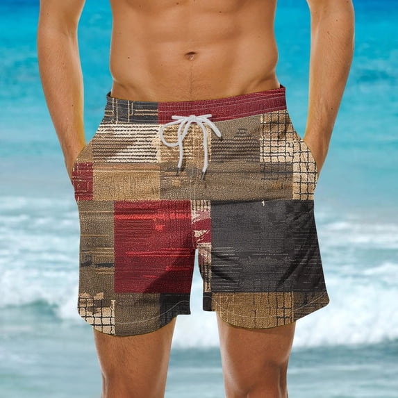 Luxalzxs Mens Shorts Summer Casual Beach Shorts Lightweight Elastic Waist Drawstring Board Shorts Patch Plaid Print Swim Shorts