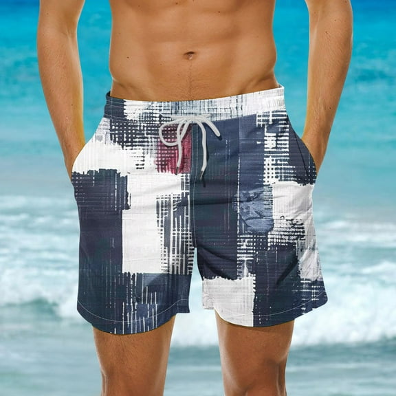 Luxalzxs Mens Shorts Summer Casual Beach Shorts Lightweight Elastic Waist Drawstring Board Shorts Patch Plaid Print Swim Shorts